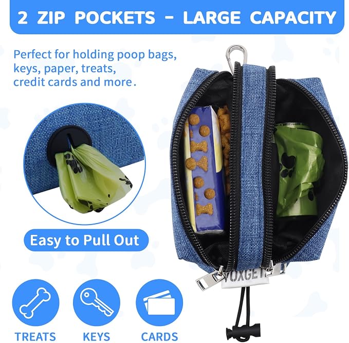 Dog Poop Bag Holder with Treat Pouch, 2 Zipper Pockets & Leash Clip | Waste Bag Dispenser with 1 Roll Poop Bags, Quick Access Treat Storage, Hands-Free Design for Dog Walking, Training & Travel