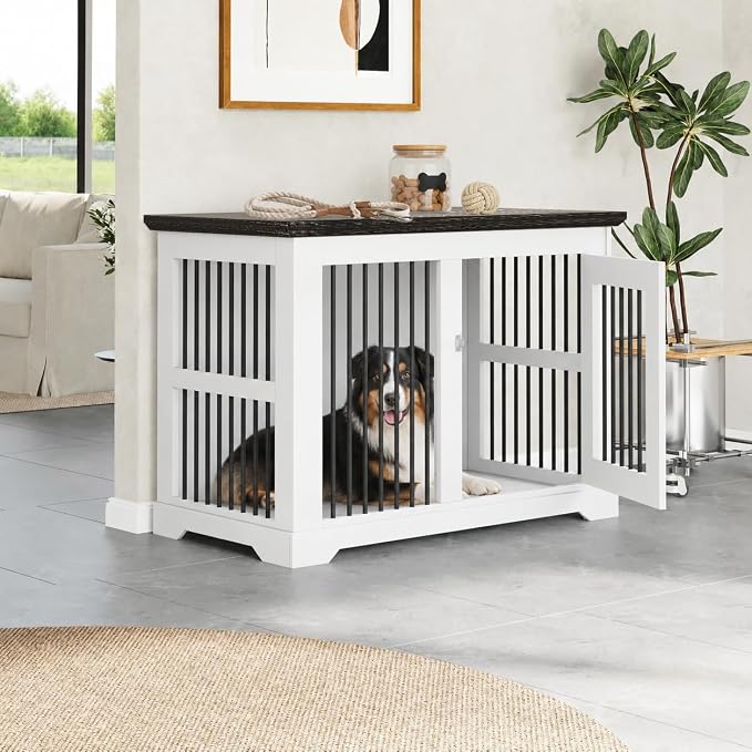 44" Wooden Dog Crate Furniture,Large Kennel Pet Cage End Table for Indoor | for XXL XL Medium Dogs, White and Black, Fits Living Room Bedroom, Heavy Duty Steel Frame with Lock 100 lbs Cap, 100 lbs Top.