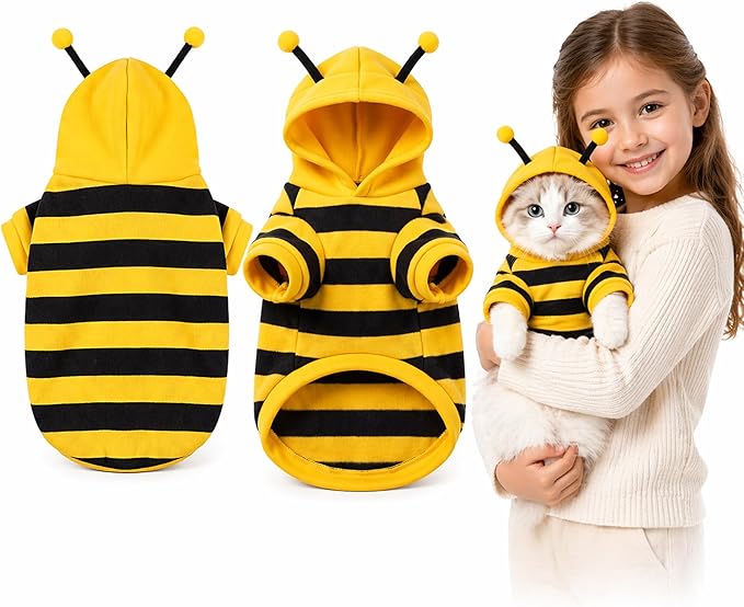 Cute Cat Bee Costume - Pet Halloween Apparel Bumble Bee Cosplay Clothes Antennae, Soft Warm Fleece Hoodie for Cats, Kittens, and Small Dogs, Perfect for Festival Party and Photo Shoot S/M