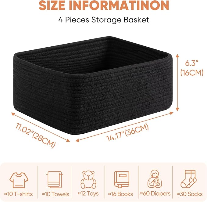 OIAHOMY 4 Pack 14.17 * 11.02 * 6.3IN Storage Baskets for Organizing Shelves, Woven Rope Baskets for Organizing Books, Clothes, Decorative Basket for Living Room, Nursery, Bedroom, Gift Basket, Black