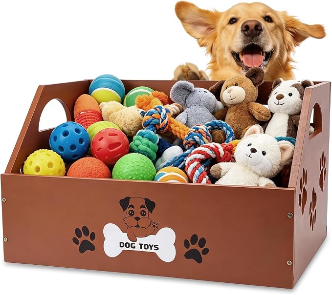Large Dog Toy Bin Basket 16.5x11 Pinewood Dog Toy Storage Box Rerctangle Decorative Pet Toy Organizer with Paw Print Design & Handles for Pets Toys Food Blankets Clothes