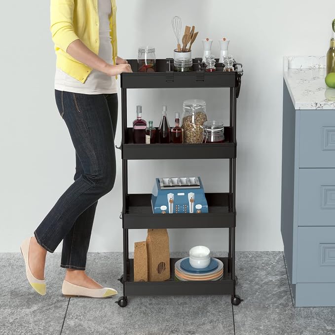 4 Tier Rolling Cart with Wheels, Storage Craft Art Trolley Organizer Serving, 3 Hanging Baskets Easy Assembly, for Office, Living Room, Kitchen