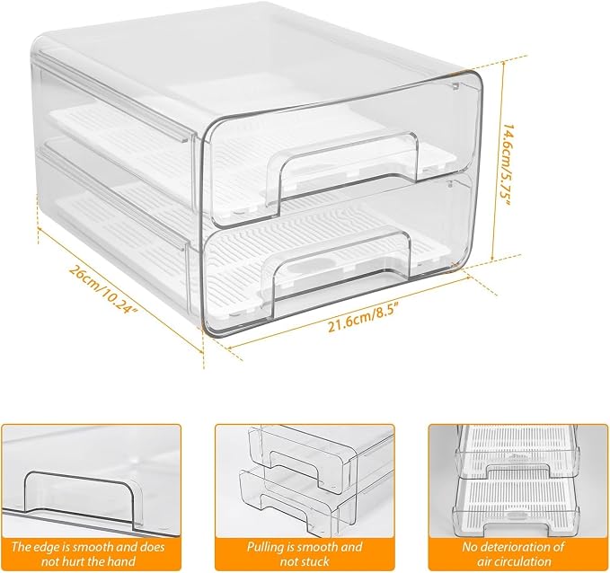 2 Pack Fridge Drawers with Lids, Stackable Pull-Out Food Bins with Lid & Vent System, PET Containers for Fruits, Veggies & Canned Goods - Versatile for Refrigerator, Freezer & Pantry