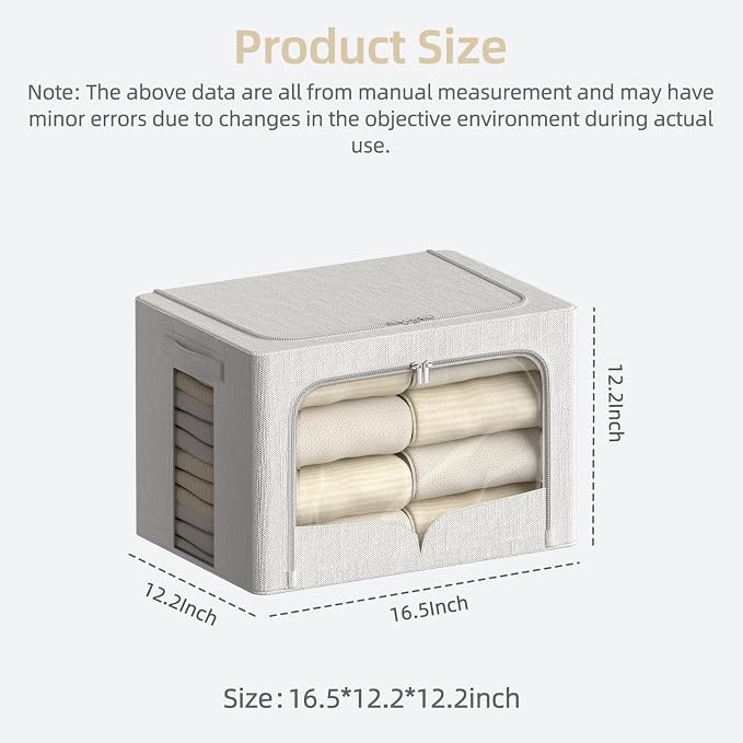 FHSQX 3 Pack Clothes Storage Bins - Foldable Metal Frame Storage Box - Stackable Linen Fabric Container Organizer Set with Carrying Handles and Clear Window (Cream White, 16.5x12.2x12.2inch(40L))