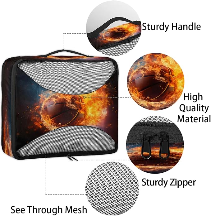 Fire Basketball Packing Cubes for Travel, Luggage Packing Organizers, Burning Ball Travel Accessories Large Toiletries Bag for Clothes Shoes Cosmetics Toiletries