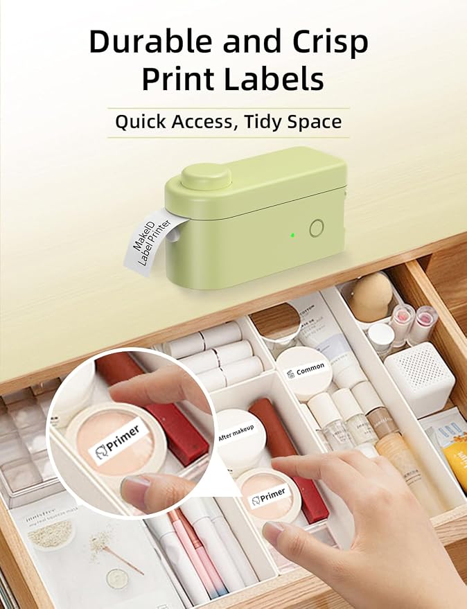 Makeid L1 Label Maker Machine with Tape - Portable & Rechargeable Label Makers Compatible with 9 12 16mm Waterproof Tape - Mini Bluetooth Labeler for Organizing Office Home School (Green Tape)