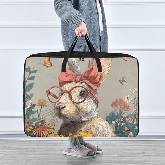 Comforter Storage Bags Large Folding Blanket Organizer Bag with Strong Handles Clear Window Closet Storage Containers for Clothes King Queen Pillows Bedding Quilt Duvet Grey Easter Bunny and Wi