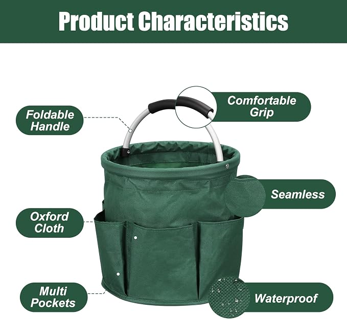 17L Portable Cleaning Bucket Organiser, 6 Pockets Foldable Cleaning Caddy with Handle Wearable Cleaning Caddy Bag for Outdoor Camping Garden Harvest Basket Home Bathroom Storage (Dark Green)