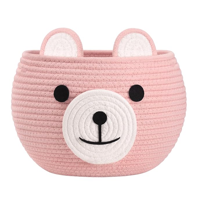 CherryNow Baby Basket for Gifts Empty, Cute Bear Design, Pink | 10.5" x 8.5" Baby Shower Basket for Kids Girls Newborn Storage, Toy Basket for Living Room Nursery Décor, Soft Cotton Rope
