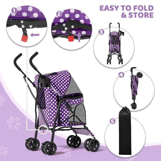Magshion Compact Fold Pet Travel Stroller for Small Dogs Cats, Purple | Up to 22lbs, 4-Wheel Lightweight Umbrella Shaped Design, Safety Tethers, Breathable Mesh, Cup Holder & Rear Storage