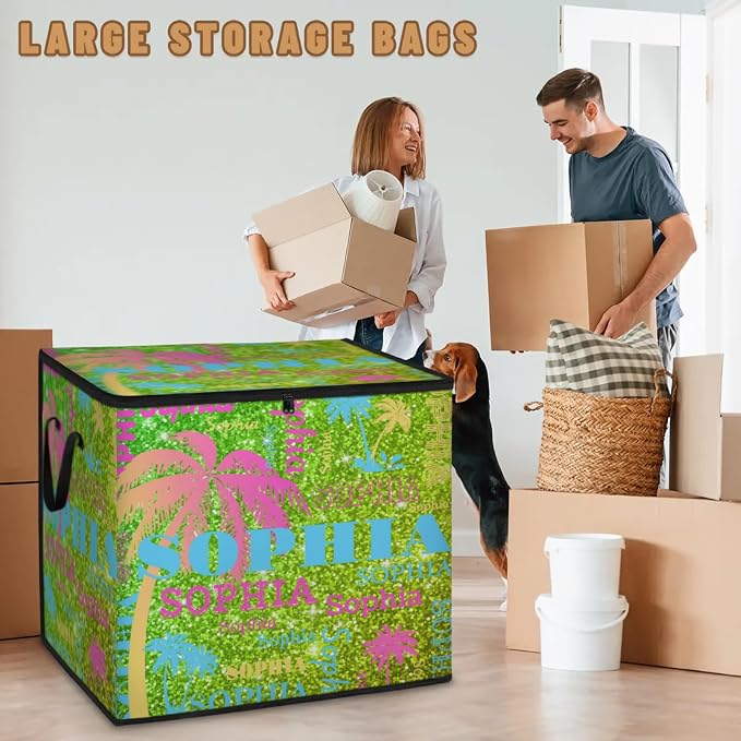 Personalized Name Foldable Storage Basket Cubes with Lid, Butterflies Dirty Clothes Pet Toys Storage Bin with Handles for Shelf Home Closet Kitchen, Colorful Palm Trees Bright Lime Green Glittering