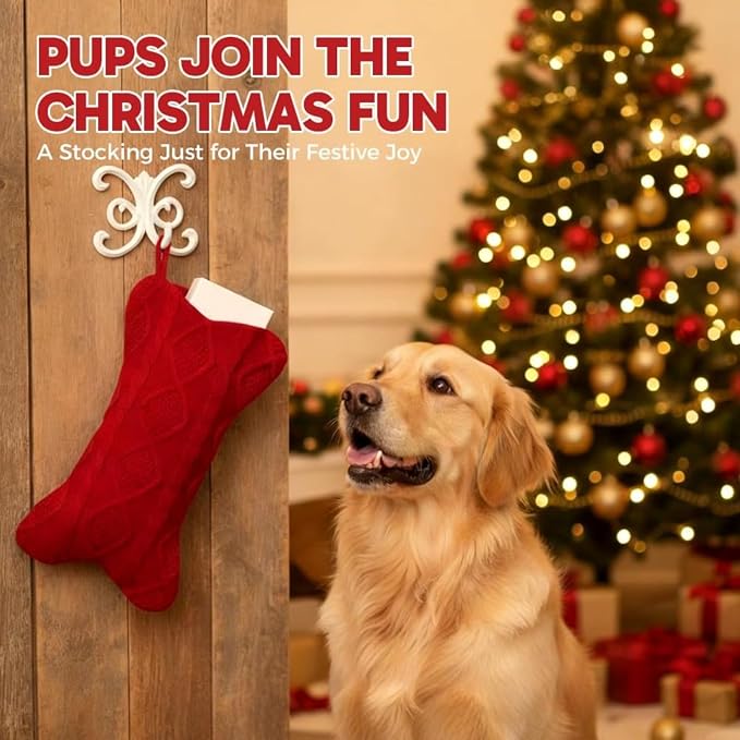 Christmas Dog Stocking, Knitted Bone-Shaped Christmas Stocking for Pets, 16.54x9.45 Inch Holiday Sock for Tree Decoration and Gift Storage (Red)