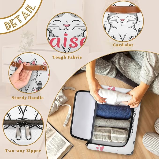 Custom Cute Cats Footprint Storage-Bin With Zipper Lid for Kids-Girls-Boys-Baby-Pet,Personalized Name Foldable Storage Box with Handle,Baby Basket With Label for Bedroom Nursery Toy Clothes,White