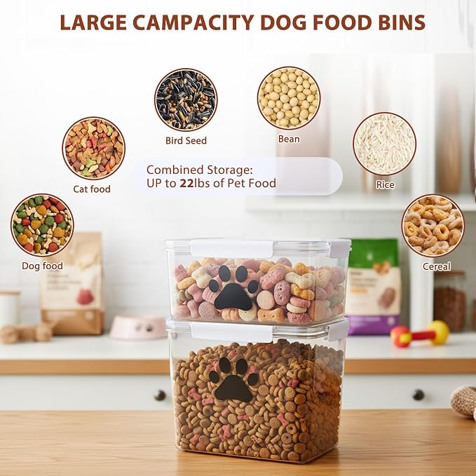 22lb Dog Food Container Set of 2,Airtight Pet Food Treat Storage Bin for Dogs Cats, Clear Puppy Kibble Container for Kitchen Counter,Stackable and Keep Food Fresh Crispy-BPA free