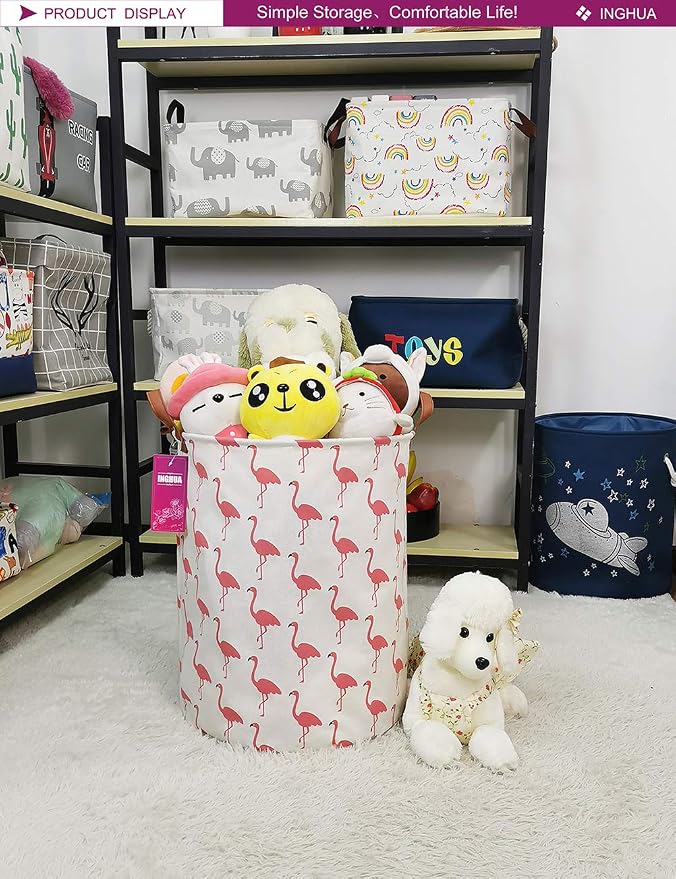 Flamingo Laundry Hamper Large Canvas Fabric Storage Basket | Organizer Bin Dirty Clothes Collapsible Waterproof for College Dorms, Boys and Girls Bedroom,Bathroom