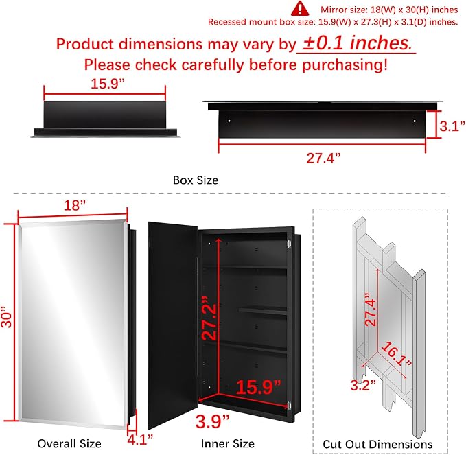 Black Metal Medicine Cabinet, 18 x 30 Beveled Mirror, Recessed Wall Storage | Bathroom Mirror Cabinet with Adjustable Staggered Shelves, Piano Hinge, Left/Right Swing, Fully Assembled, Matte Black Finish