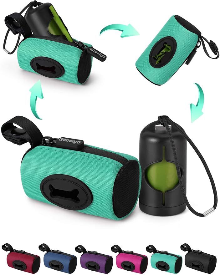 Gobeigo 2-in-1 Dog Poop Bag Holder【Easy Pull-Out Version】(Turquoise) | Hard Plastic Insert & Soft Fabric Bag Snap-On Strap Dispenser Fits Retractable and Standard Leashes with 1 Roll Bags