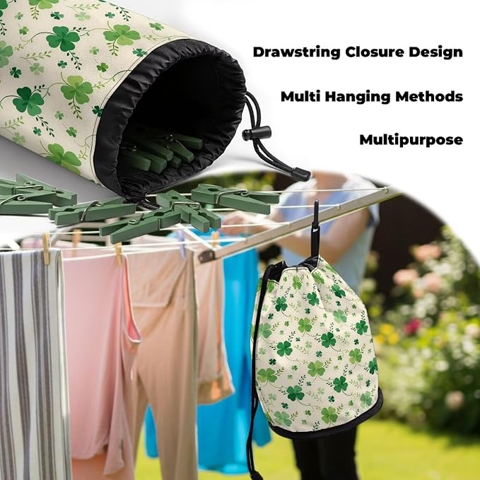 Shamrock Clothespin Bag with Hanging Hook Laundry Canvas Clothes Pin Holder Waterproof Clothespin Bag Clothespin Storage Organizer with Drawstring Closure