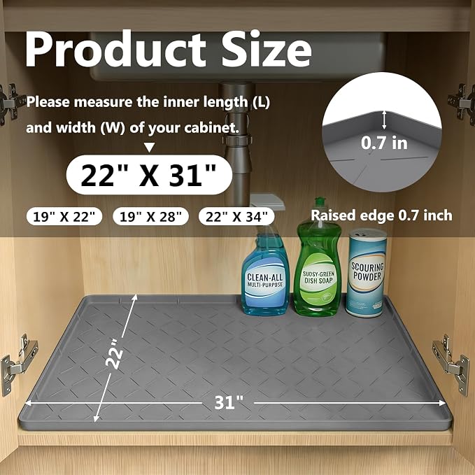 Mateeylife Under Sink Mat Kitchen Waterproof, Silicone Sink Tray 22"X31" | Under Sink Organizer Cabinet Shelf Protective Liner, Multi-use Silicone Mat for Boot Tray & Litter Mat, Dark Grey