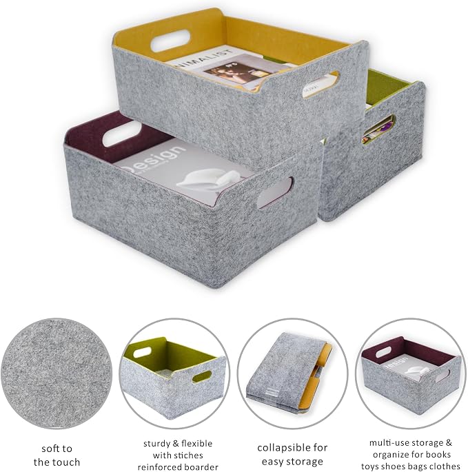 Welaxy Felt Storage Baskets Foldable Shelf Bin, Curry Moss green Wild berry