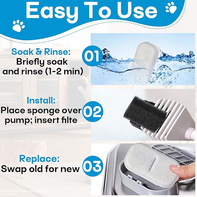 12 Pack Cat Water Filters Replacement for 108Oz/3.2L & 67Oz/2L Stainless Steel Pet Water Dispenser, Cat/Dog Indoor Water Dispenser Fountain for Most Pet Water Fountains 12 Filters & 12 Sponges