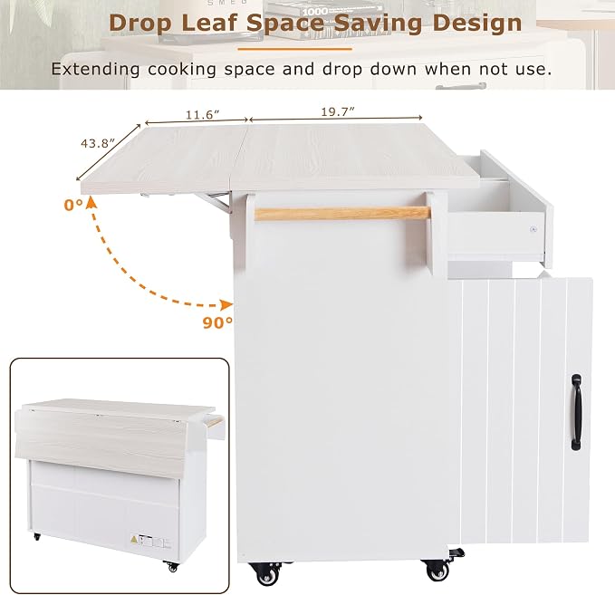 51" Farmhouse Kitchen Island with Trash Can & Storage - Modern White Rolling Kitchen Island with Drop Leaf, Spice Rack, Towel Rack, 20.55"D x 51.06"W x 35.04"H