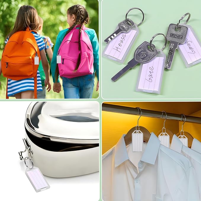 Coideal White Plastic Key Tags with Labels - 60 Pack Tough Key Chain Tag Rectangle ID Identifiers with Clear Label Window and Strong Split Ring for Luggage