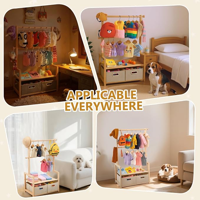 Teenyyou Dog Wardrobe Closet for Small Dogs, 37.4 x 19.7 x 11.8 in Wooden Dog Clothes Rack with 2 Hanging Rods, 2 Storage Baskets and Shelf, Pet Closet Organizer for Clothes, Toys, Leashes, Wood Color
