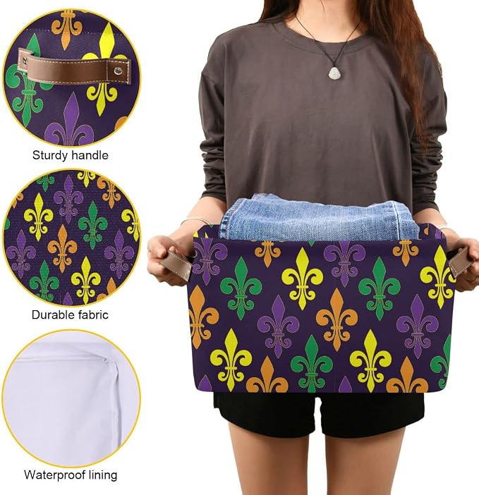 Mardi Gras Fleur de Lis Purple Storage Basket Fabric Laundry Baskets Mask Beads Confetti Feather Accessories Storage Boxes Organizer Bag for Cloth Toy Book Storage Cubes Shelf Closet Bins 16×12×8