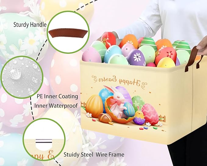 Large Rectangular Easter Baskets Empty Waterproof Boy Toy Box Foldable Kid's Gifts Storage Bin Spring Room Decor(Shell Breaking Rabbit Chicken)