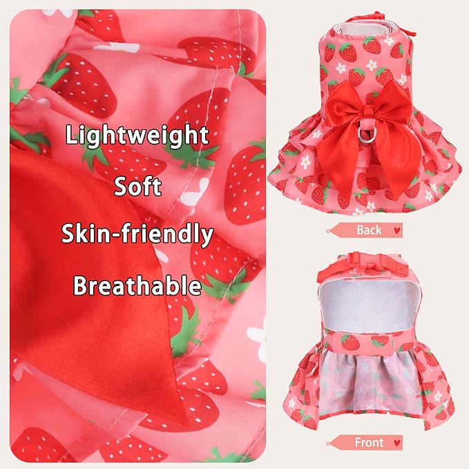 PUPTECK Summer Dog Dress with Bow and Leash Ring, Pink Strawberry M | Cute Adorable Breathable Mesh Dog Clothes for Small Medium Dogs Puppy Cats, Pet Outfit Apparel for Birthday Party