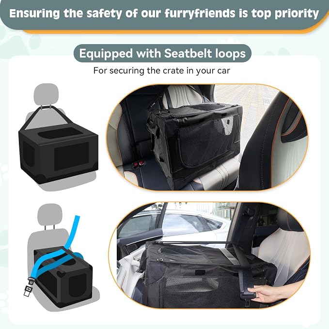 24 inch Small Dog Crate - for Small Dogs, Portable Travel Pet Crate with 4 Mesh Doors, Foldable Car Kennel for Puppy with Handle for Indoor and Outdoor, Black