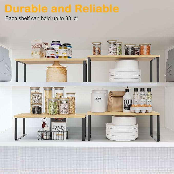 OGEMXU Cabinet Shelf Organizers, 15.7 inches Large Kitchen Counter Shelf, Set of 4 Wood Kitchen Pantry Organizer, Storage Shelves for Countertop, Spice Rack, Stackable, Expandable, Metal Black, Nature