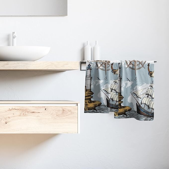 Giwawa Vintage Nautical Compass Hand Towel Blue Soft Sailing Ship Towel Set of 2, World Sea Map Boat Facecloth Ocean Anchor Lighthouse Home Decor, Bathroom Hotel Spa Gym Guest Washcloth Columbus Day