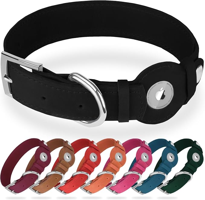 Leather Dog Collar with Airtag Holder - Apple Air Tag Dog Collars - Soft Tracking GPS Pet Collar for Small Medium Large Dogs Breed Puppy (Black, XL, 19"-24" Neck Fit)
