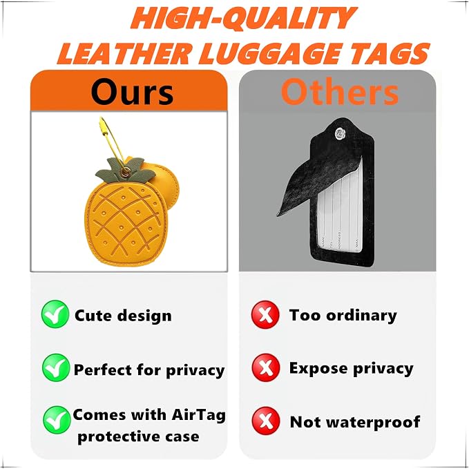 PU Leather Luggage Tag with Airtag Holder Case Set and Name ID Label | Hidden Compartment for AirTag Travel Suitcase Tracking Case with Stainless Steel Loop,Cute Fruit Plant Styles,Pineapple