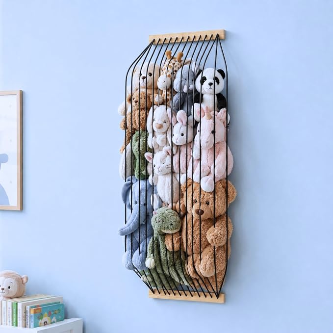 Stuffed Animal Storage Wood Soft Toy Organizer for Kids Room，Cute and Durable Wall or Door Mount Length Adjustable Hanging Stuffed Animal Toy Organizer Shelf for Nursery Play Room Black -Patent