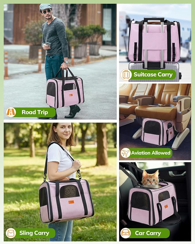 Morpilot Cat Carrier Soft for Large Medium Cats and Puppy up to 20lbs | with Dual-Sided Cushion, Secure Buckle and Foldable Bowl, Dog Carriers for Small Dogs - Pet Carrier (Pink)