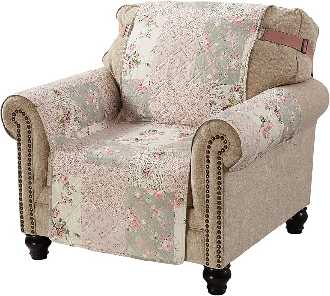 Brilliant Sunshine Soft Pink Roses & Sages Couch Armchair Cover, 23" seat | Quilted Sofa Cover, Living Room & Bedroom Furniture Protector, Washable Chair Slipcover for Pets, Dogs & Cats