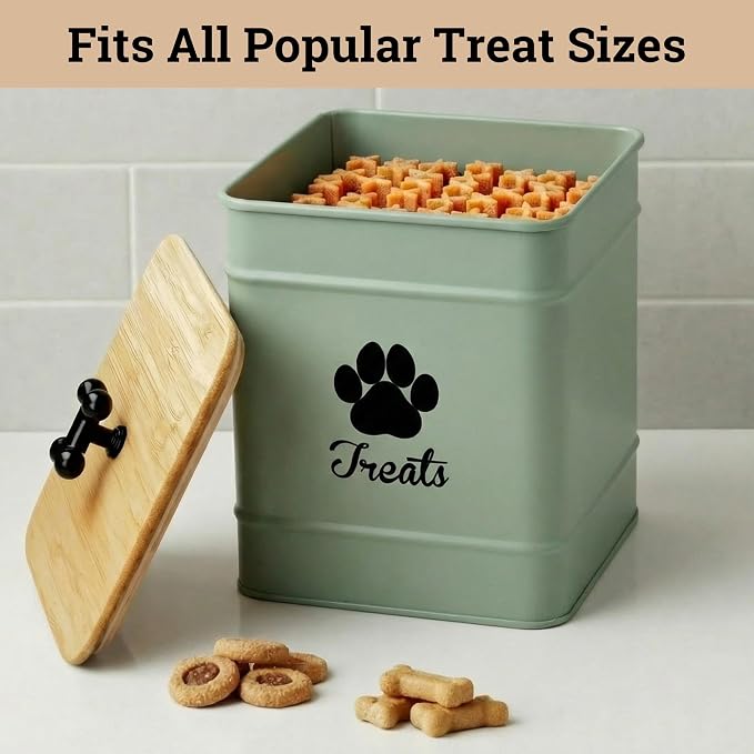 Dog Treat Container Airtight, 6"W x 8"H, Powder Coated, 12 Cup Capacity | Fits All Popular Treats, 12 Cup Capacity, Airtight Bamboo Lid, Easy Open Lid, Dent-Resistant Durable Metal Bone-Shaped Handle