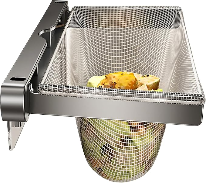 Kitchen Sink Strainer with Filter Mesh Bag, Food Waste Filter Basket, Folding Drain Strainer Catcher for Veggies, Fruits, Dishes (PET holder & metal arms)(grey)