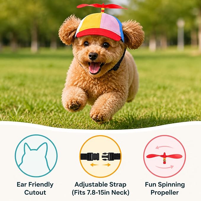 Pet Propeller Hat - Colorful Rainbow Helicopter Hat, Adjustable Cute Baseball Cap with Removable Propeller for Small Medium Dogs & Cats (Sizes S/L)