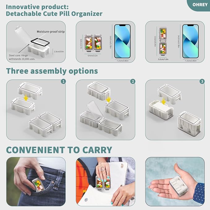 Pill Boxes and Organizer 2 Times a Day, Pill Organizer 2 Times a Day, Weekly Pill Organizer, Travel Pill Organizer Case for Vitamins, Fish Oils+ 2 Detachable Cute Pill Organizer (White)