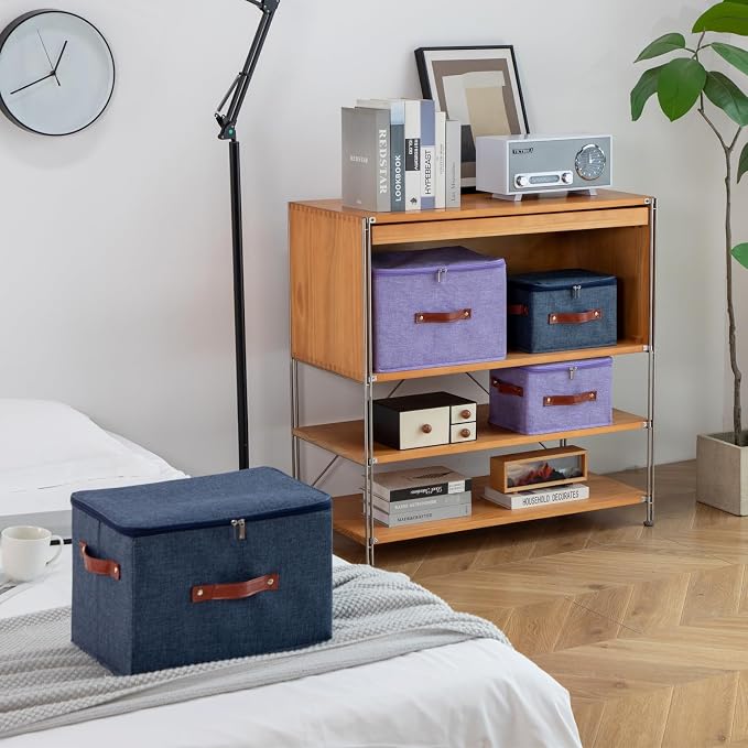 3PCS Storage Bins Boxes with Zippered Lid Decorative Baskets | Cotton Linen Fabric, Washable, Foldable, Stackable, Closet Shelf Organizer, with PU Leather Handles, Denim Blue-Small