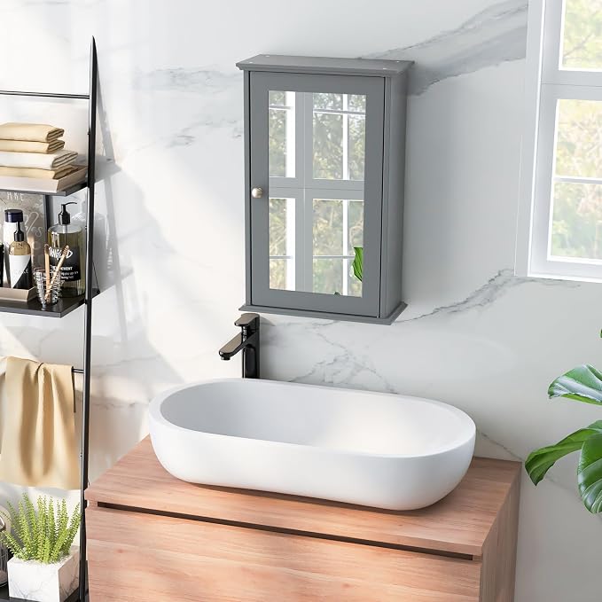 LOKO Bathroom Medicine Cabinet, Wall Mounted Storage Cabinet (Grey) | Single Mirrored Door | Adjustable Shelf | For Bathroom, Living Room, Entryway | 13.5 x 6 x 21 inches