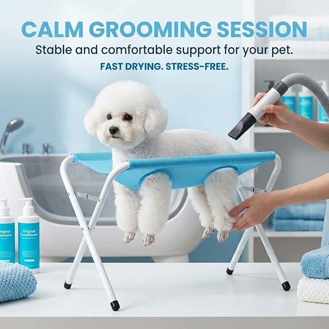 Pet Bathing Hammock, Foldable 8-Hole Grooming Stand for Small Pets (Blue) | Easier Pet Bathing, Less Scratches and Bites, Sturdy Frame Quick-Dry Mesh, Ideal for Dogs & Cats, Nail Trimming and Grooming