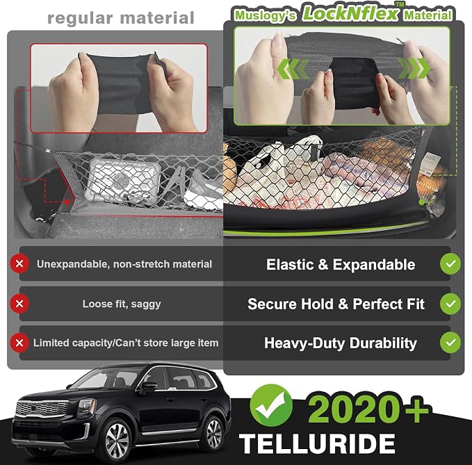 Muslogy Cargo Net for 2020-2026 2027 Kia Telluride Accessories | Custom Fit, Trunk Storage Organizer Net for SUV Sedan Van Divider, with Heavy Duty Carabiners, Night Visible Grab Handle