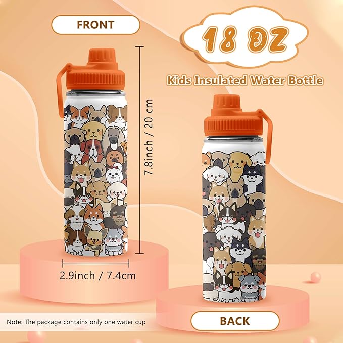 Dogs Gifts for Dog Lovers, 18 oz Stainless Steel Water Bottles with 2 Lids, Insulated Water Bottle with Straw, Dogs Cups for Travel Sports Outdoor, Birthday Christmas Gifts for Boys Girls