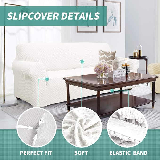YEMYHOM Couch Cover Latest Jacquard Design High Stretch Sofa Covers for 2 Cushion Couch, Pet Dog Cat Proof Loveseat Slipcover Non Slip Magic Elastic Furniture Protector (Medium, White)