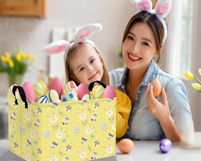 Large Rectangular Easter Baskets Empty Waterproof Boy Toy Box Foldable Kid's Gifts Storage Bin Spring Room Decor(Gift Box Rabbit Egg)